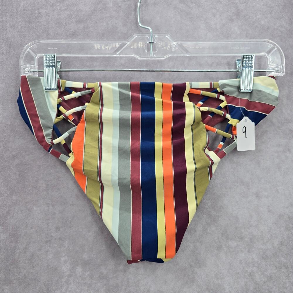Colorful Stripe Crisscross‎ Bikini Cheeky Thong Bottom Swimwear Medium